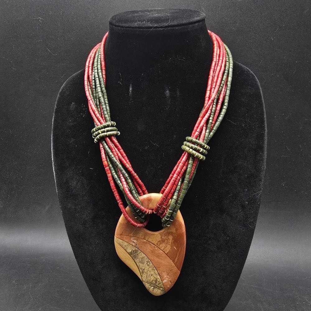 Wood Beaded Jasper Pendant Necklace Red Green Neutral